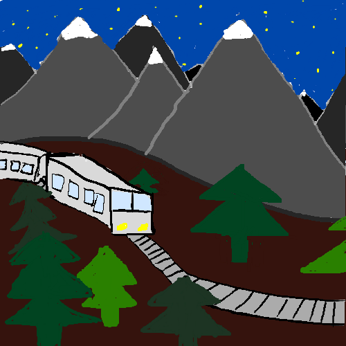 a very crudely drawn train on tracks going through a forest of evergreens in front of snow-capped mountains under a starry sky